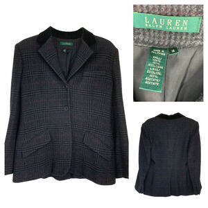 Vintage Lauren Ralph Lauren Sz 12 Black & Gray Wool Plaid 3 Button Suit Jacket